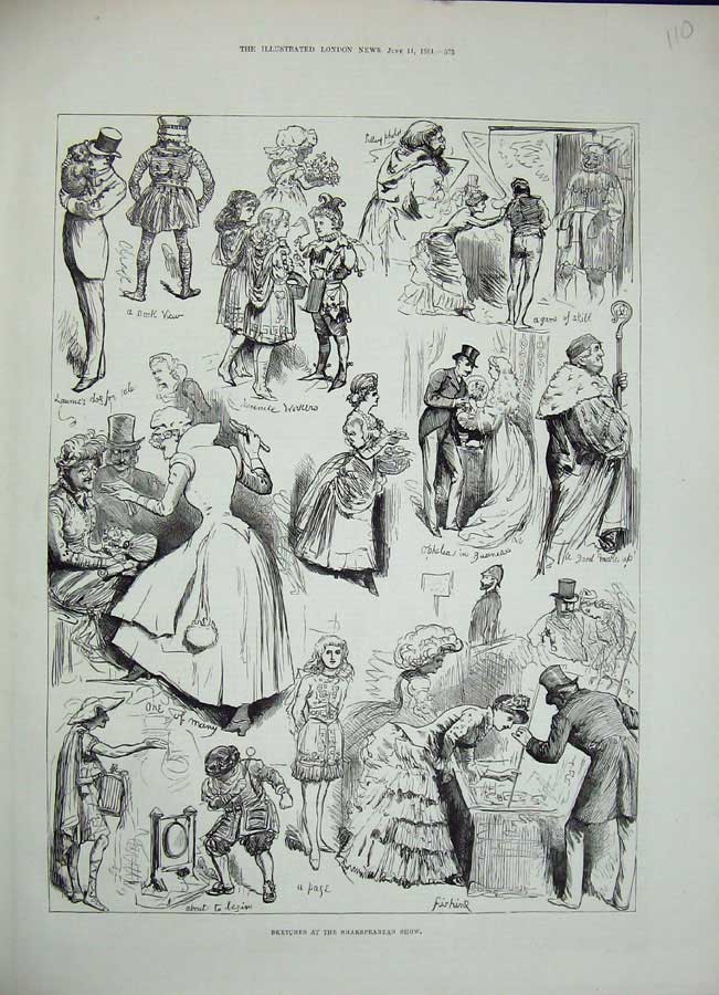 Original Old Antique Print 1884 Sketches Shakspearean Show People Acting 19th