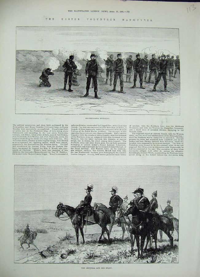 Original Old Antique Print 1884 Easter Volunteer Manoeuvres General War Siers