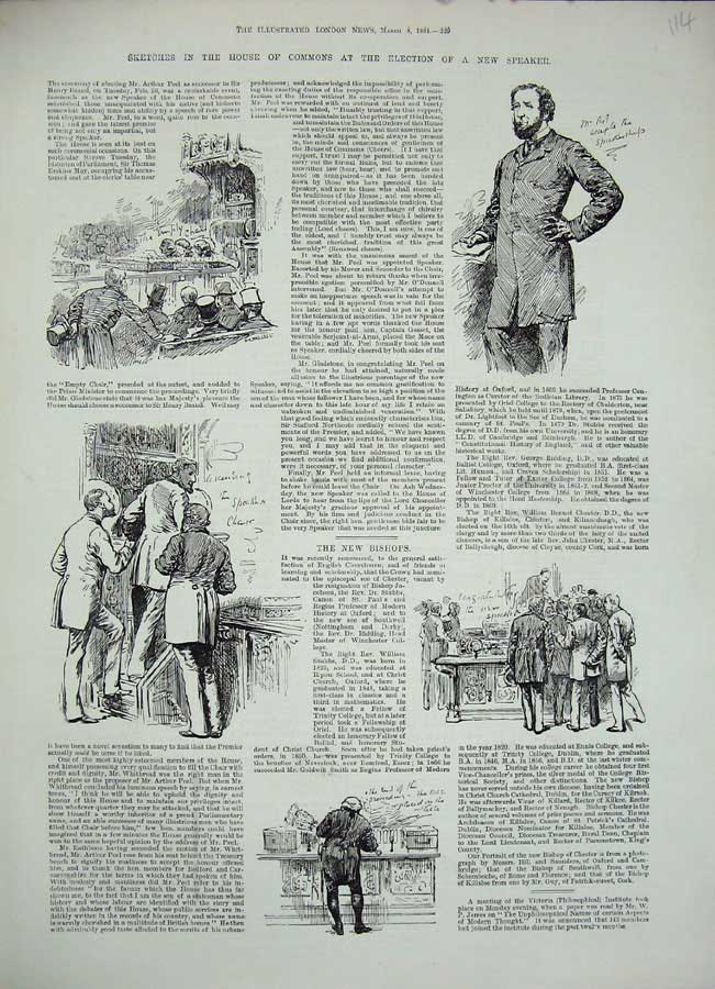 Original Old Antique Print 1884 House Commons Election New Speaker Men 19th