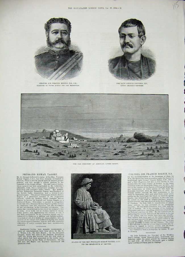 Old Antique Print 1884 Statue Prussano Tagore Assouan Egypt Chunder Men 19th