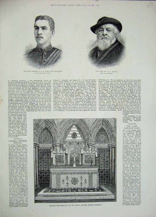 Old Antique Print Horne Ford War 1884 Afghan War Memorial Bombay Church 19th