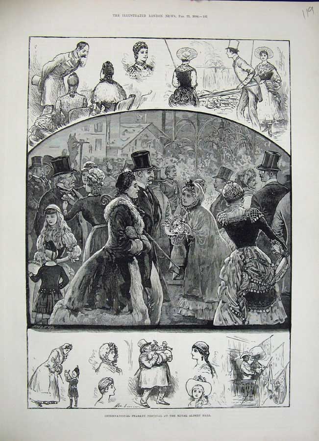Old Antique Print 1884 International Peasant Festival Royal Albert Hall 19th