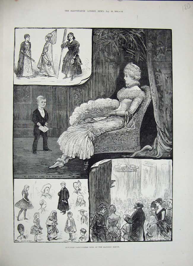 Old Antique Print Childrens Fancy Dress Ball Mansion House 1884 Costumes 19th
