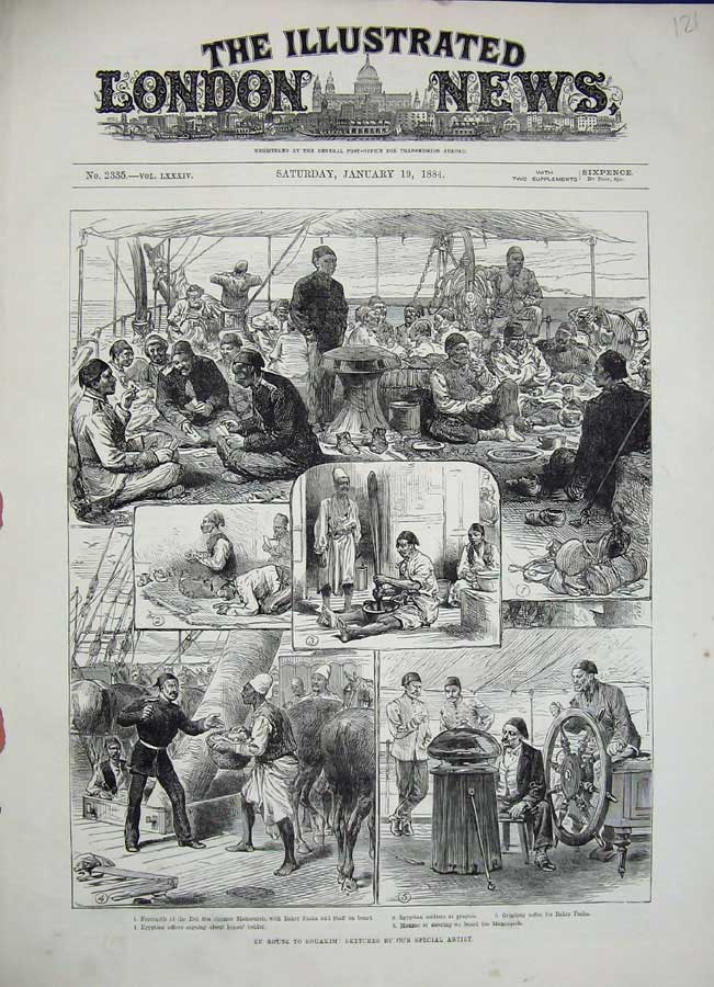 Original Old Antique Print 1884 Souakim Ship Baker Pasha Mansourah Siers Horses