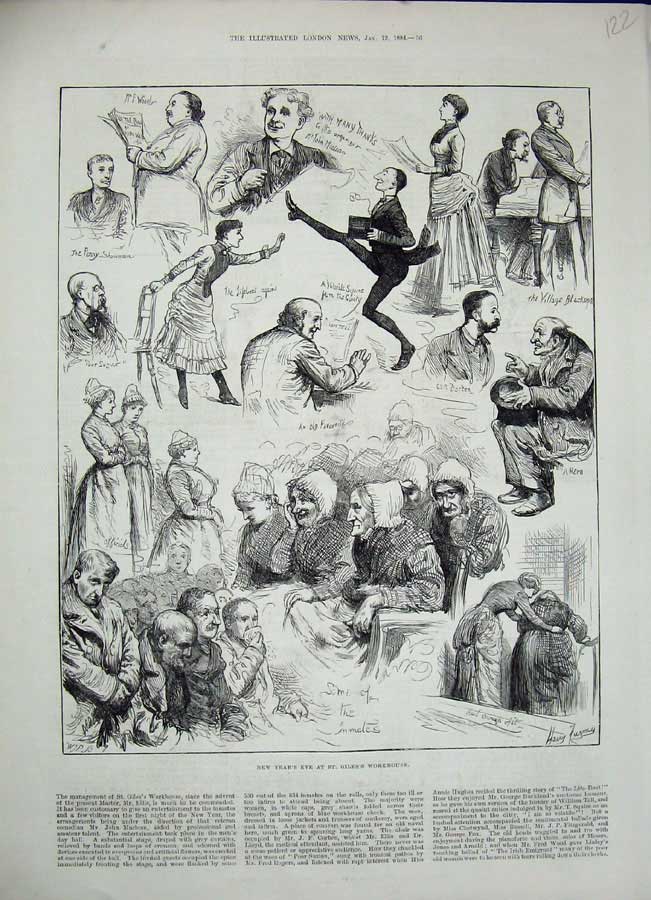 Original Old Antique Print 1884 New Years Eve St Giles Workhouse Music Dancing