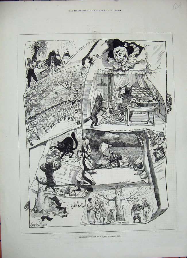 Original Old Antique Print 1884 Christmas Pantomimes Drury Alhambra Jack Riding