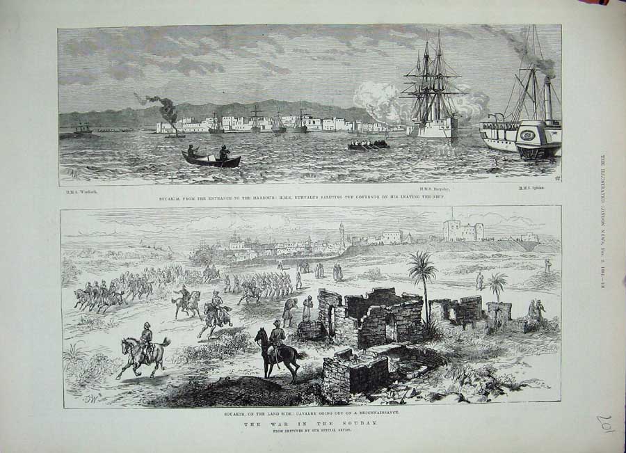 Original Old Antique Print War Soudan 1884Souakim Ship Euryalus Sphinx Siers