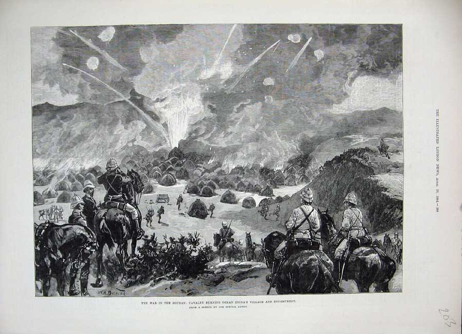 Original Old Antique Print War Soudan 1884 Cavlary Osman Digna'S Encampment Art
