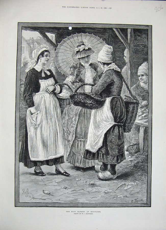 Original Old Antique Print 1884 Fish Market Honfleur Women Baskets Hennesey Art