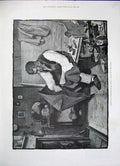Original Old Antique Print 1884 M'Cutcheon Fine Art Man Cobbler Shoes Umbrella