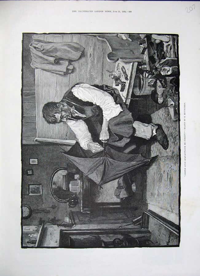 Original Old Antique Print 1884 M'Cutcheon Fine Art Man Cobbler Shoes Umbrella