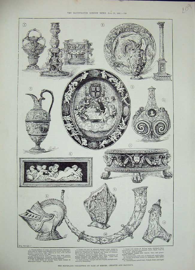 Original Old Antique Print Fountaine Collection Sale Christie Manson'S 1884