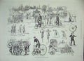 Original Old Antique Print 1884 Cyclists Camp Alexandra Park Cripps Humber Race