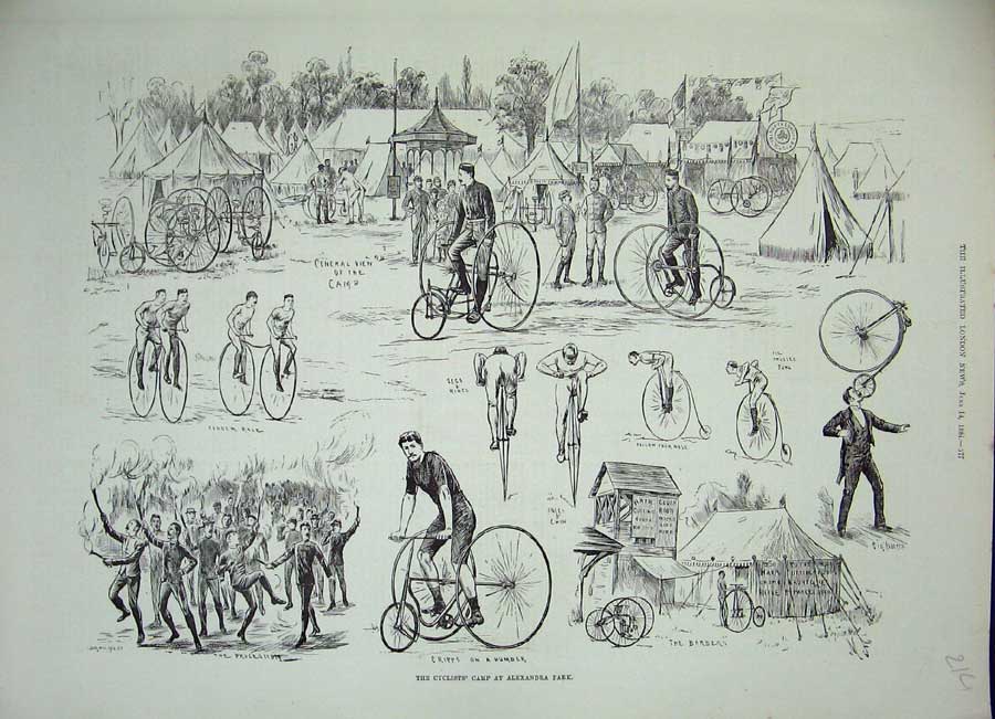 Original Old Antique Print 1884 Cyclists Camp Alexandra Park Cripps Humber Race