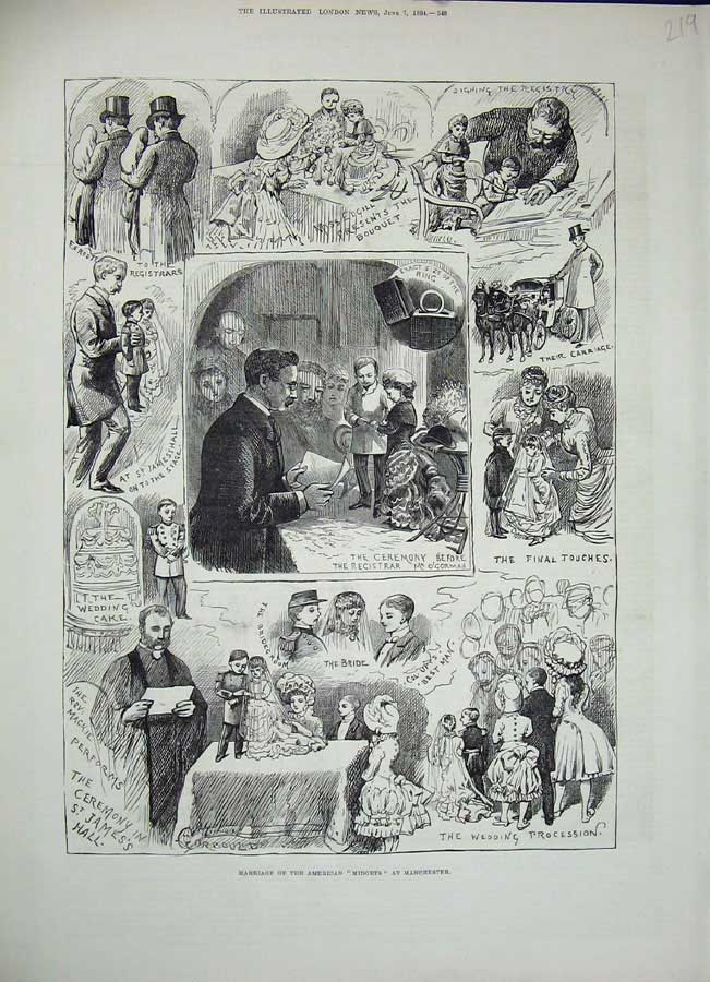 Original Old Antique Print 1884 Wedding American Midgets Manchester England