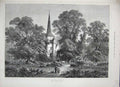 Original Old Antique Print 1884 Fine Art Read Country Church Trees Fence People