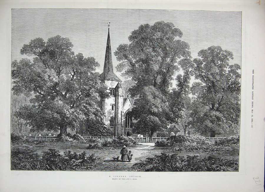 Original Old Antique Print 1884 Fine Art Read Country Church Trees Fence People