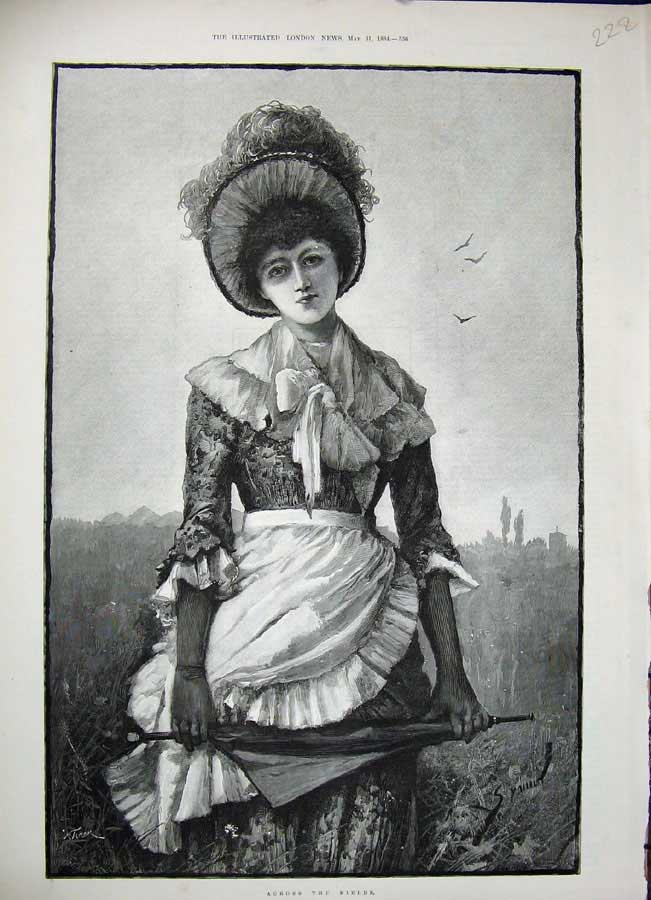 Old Antique Print 1884 Seymour Fine Art Beautful Young Woman Lady Field 19th
