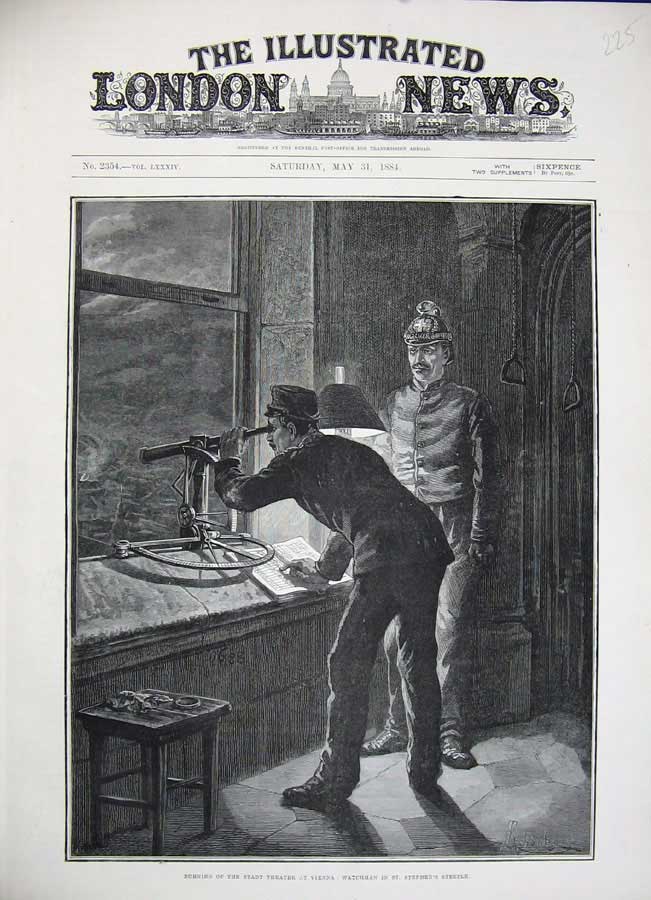 Original Old Antique Print 1884 Stadt Theatre Vienna Watchman Stephen'S Steeple