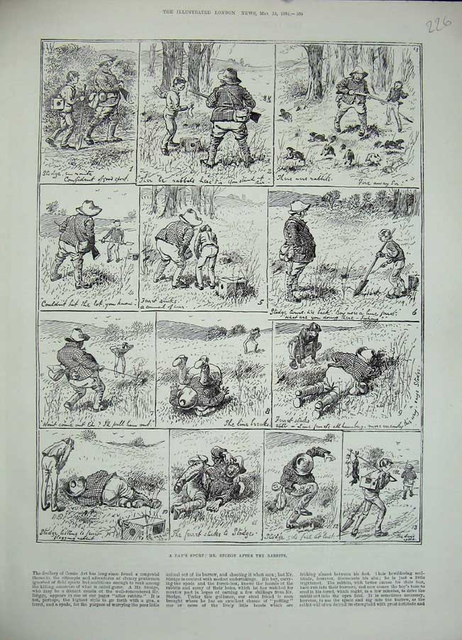 Original Old Antique Print 1884 Day'S Sport Mr Stodge Rabbits Hunting Country