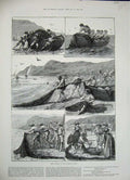 Original Old Antique Print 1884 Reta Fishing Corsican Coast Men Nets Boats 19th