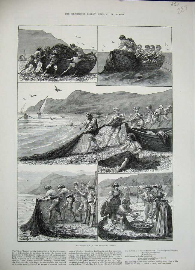 Original Old Antique Print 1884 Reta Fishing Corsican Coast Men Nets Boats 19th