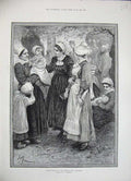 Original Old Antique Print 1884 Sunday Morning Cote De Grace Honfleur Women Art