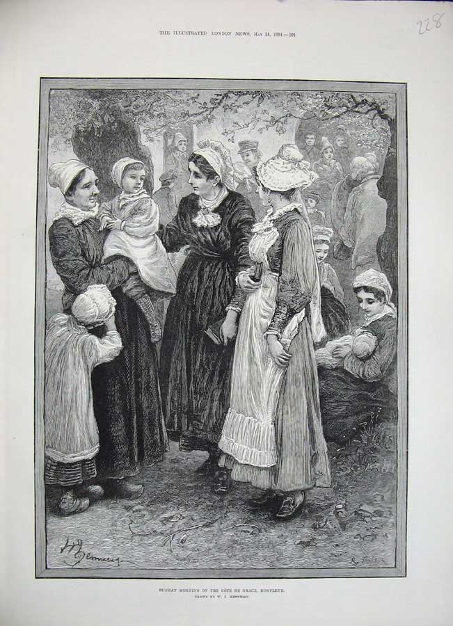 Original Old Antique Print 1884 Sunday Morning Cote De Grace Honfleur Women Art
