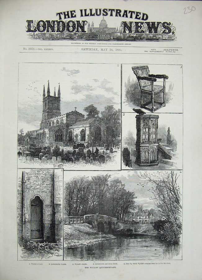 Original Old Antique Print 1884Wycliff Quincentenary Church Pulpit River Swift