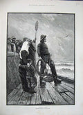 Old Antique Print 1884 Men Dock Waiting Ship Stormy Sea Julius Price Art 19th