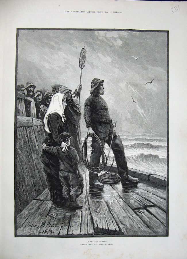 Old Antique Print 1884 Men Dock Waiting Ship Stormy Sea Julius Price Art 19th