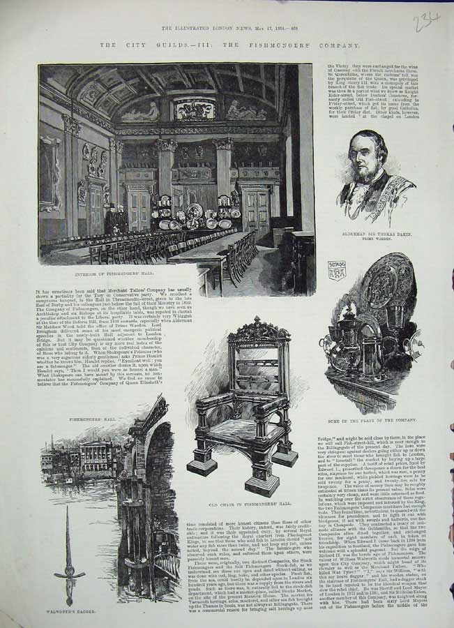 Original Old Antique Print 1884 Guilds Fishmongers Company Chair Dagger Dakin