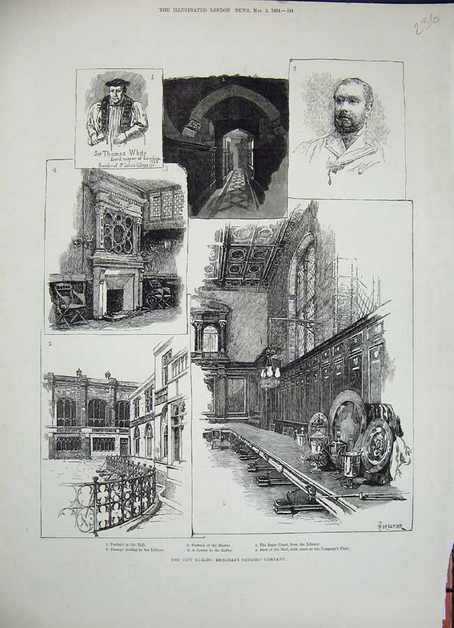 Original Old Antique Print 1884 City Guilds Merchant Taylor'S Hall Thomas White
