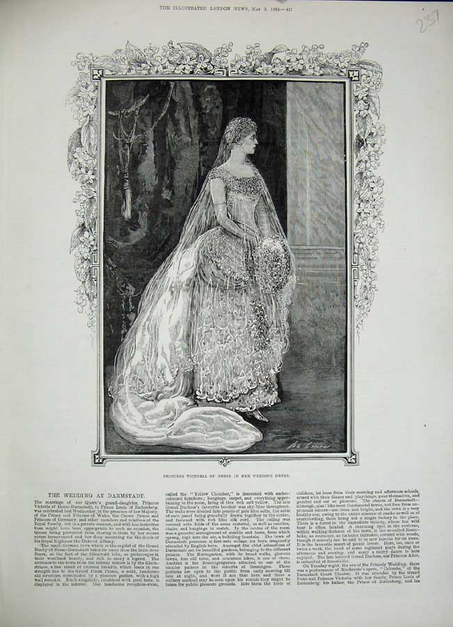 Original Old Antique Print 1884 Princess Victoria Hesse Wedding Dress Darmstadt