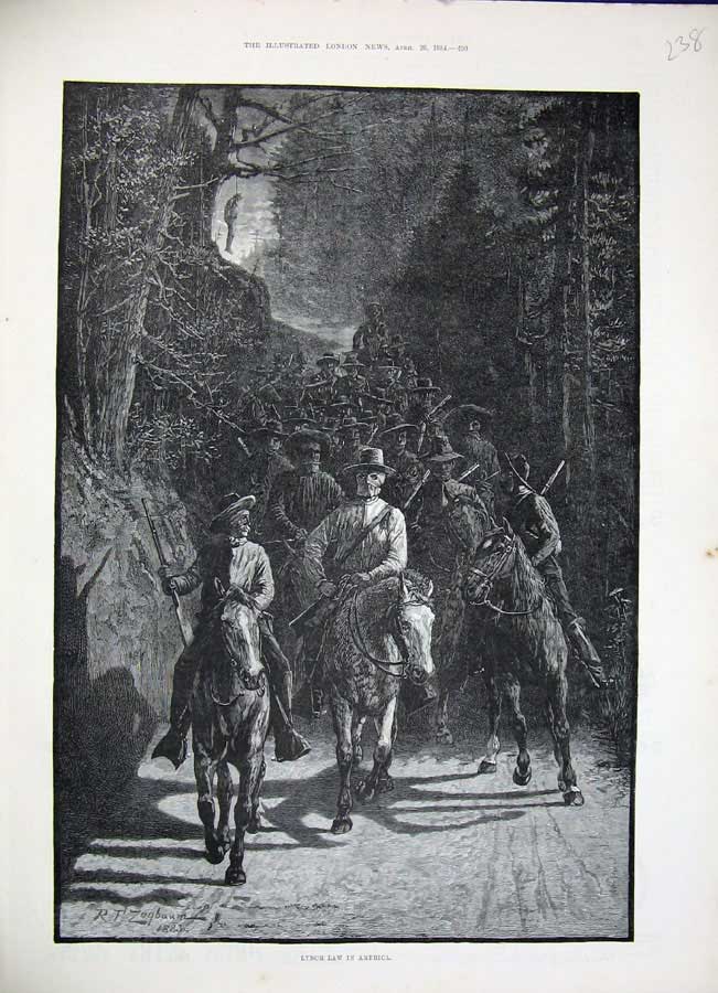 Old Antique Print Fine Art Zagbaum 1884 Lynch Law America Horses Men Mask 19th