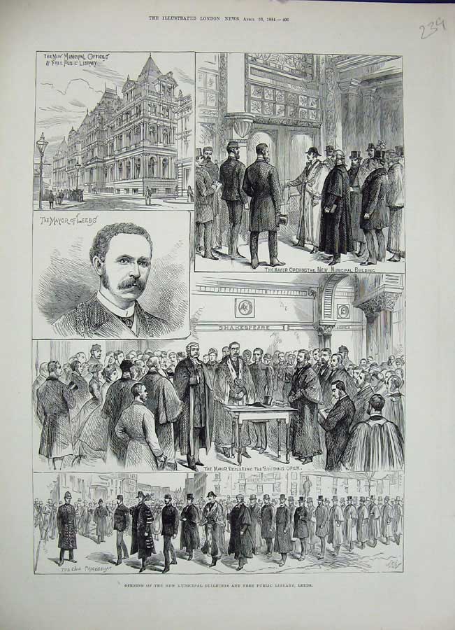 Old Antique Print 1884Municipal Buildings Free Public Library Leeds Mayor 19th