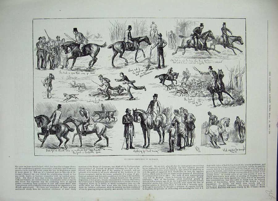 Old Antique Print 1884 Hunting Sketches Ireland Sport Horses Dogs Foxes 19th