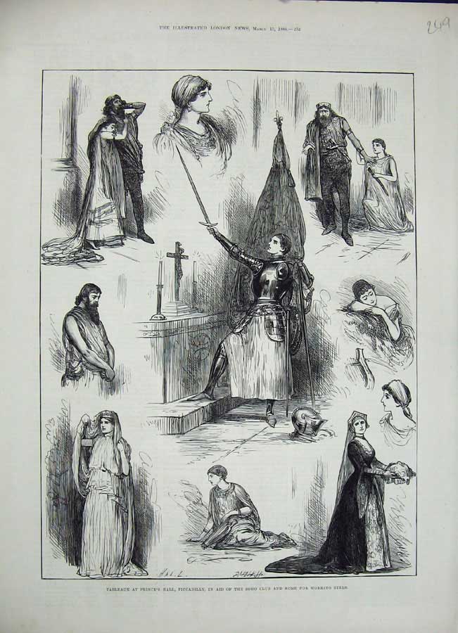 Old Antique Print Tableaux Prince'S Hall Piccadilly Soho Club Theatre1884 19th