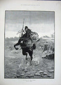 Old Antique Print 1884 Berkley Fine Art Man Horses Battle War River Lodge 19th