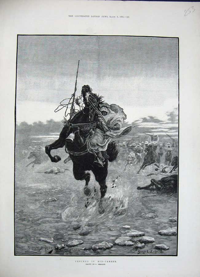 Old Antique Print 1884 Berkley Fine Art Man Horses Battle War River Lodge 19th