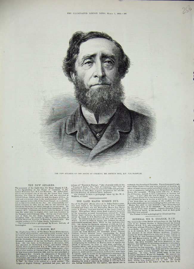Old Antique Print 1884 New Speaker House Commons Mr Arthur Peel Warwick 19th