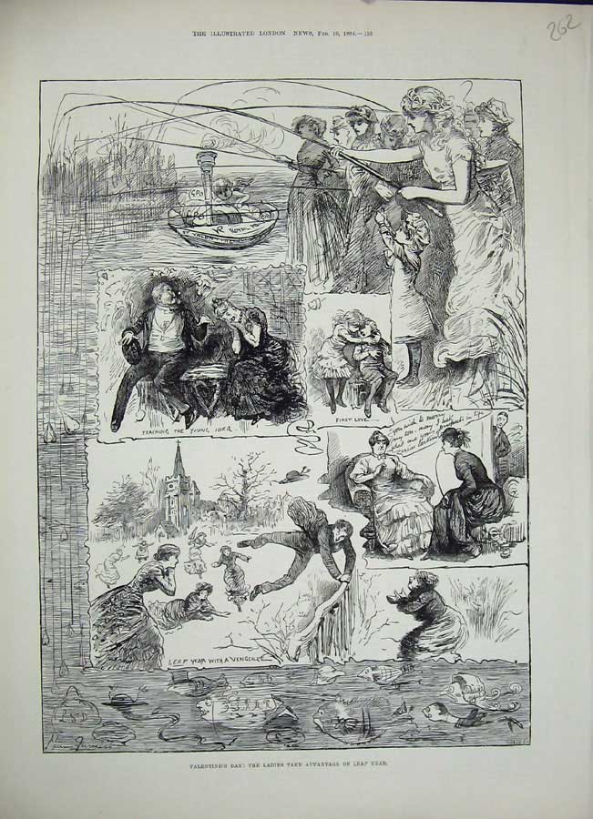 Original Old Antique Print 1884 Valentines Day Ladies Proposing Men Leap Year