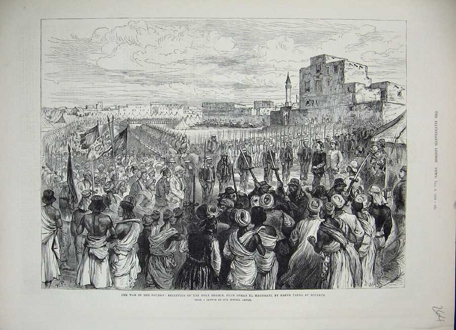 Old Antique Print War Soudan 1884 Holy Sheikh Syud Osman Baker Pasha Army 19th