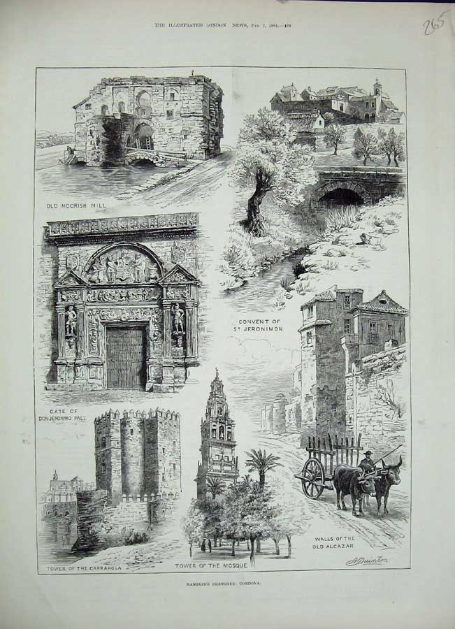 Original Old Antique Print 1884 Cordova Tower Carrahola Convent Moorish Mill