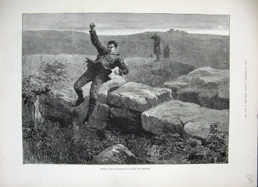 Original Old Antique Print 1884 Convict Life Dartmoor Men Shooting Country Art