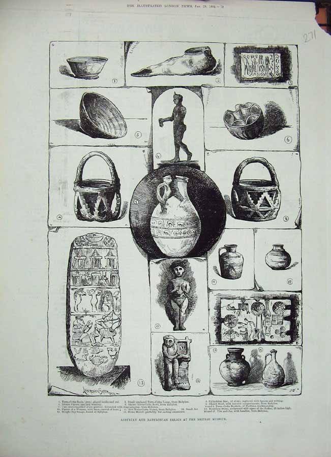 Old Antique Print 1884 Assyrian Babylonian Relics British Museum Vessel 19th