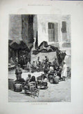 Original Old Antique Print 1884 Open Air Restaurant Cairo Egypt Montbard 19th