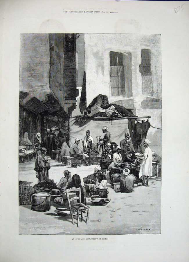 Original Old Antique Print 1884 Open Air Restaurant Cairo Egypt Montbard 19th