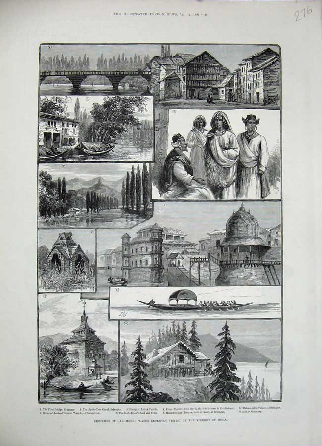 Old Antique Print 1884 Cashmere Viceroy India Srinagar Ladak Jhelum River 19th