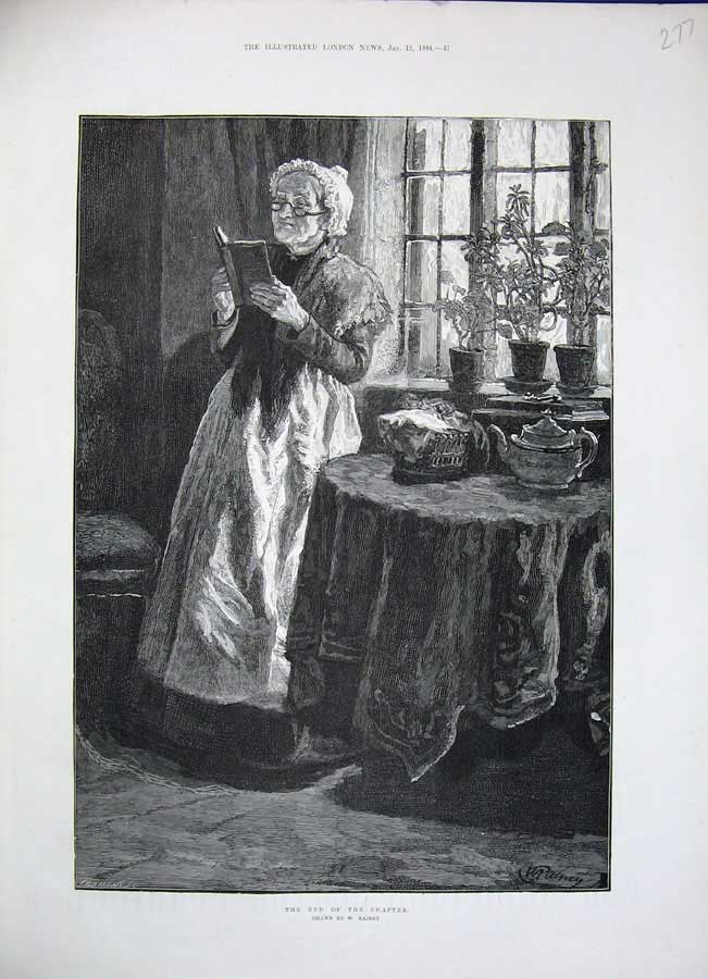 Original Old Antique Print 1884 Rainey Fine Art Lady Woman Reading Book Table